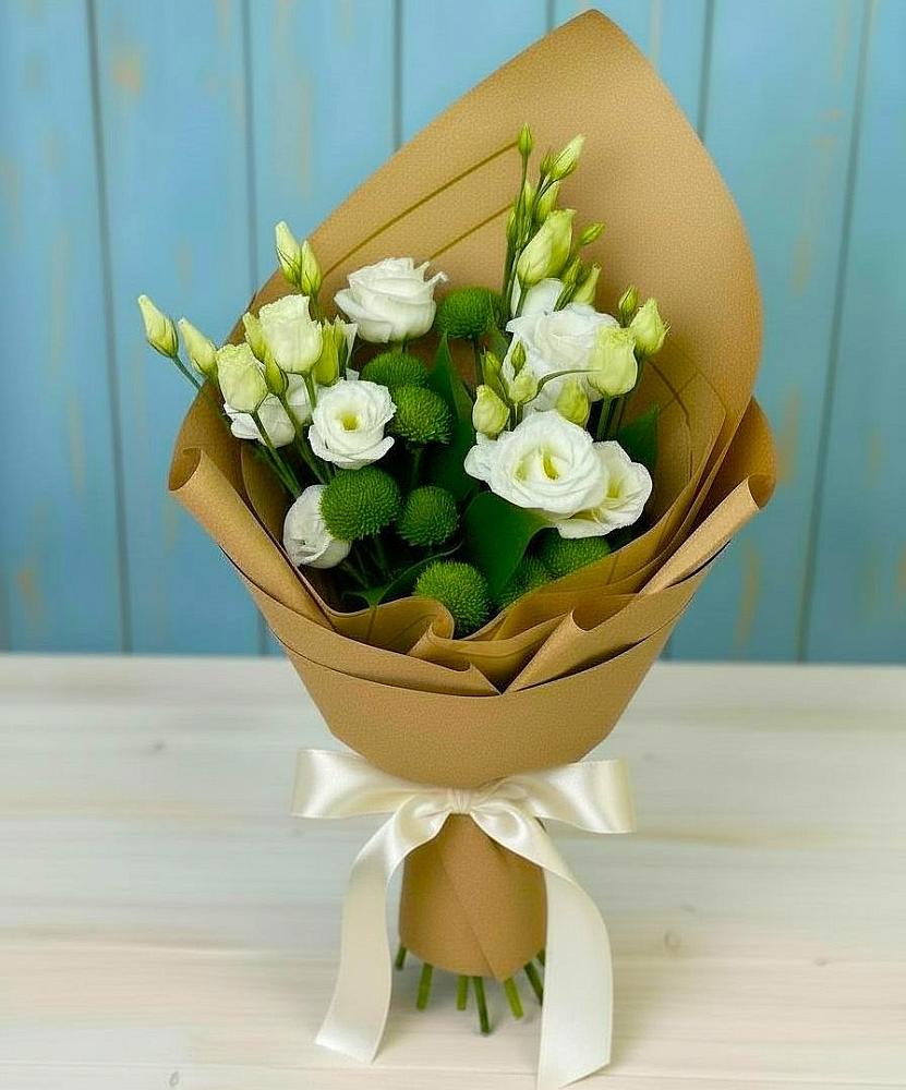 Букет цветов из: Хризантемы и Лизиантусы в Подгорной Краснодарского края