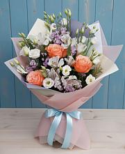 Букет цветов из:  Лизиантусы, Розы, Альстромерии и Гипсофила #REPLACE_PRED# Подгорной Краснодарского края