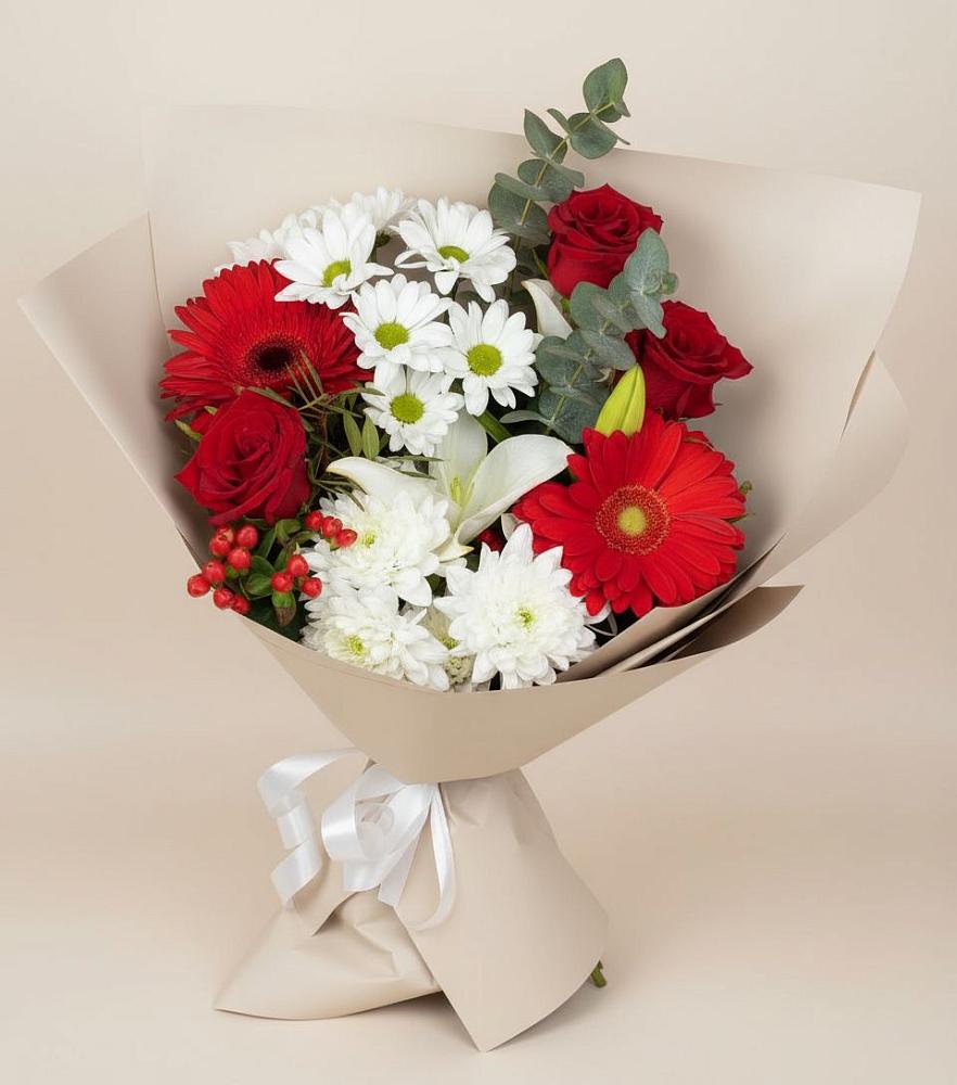 Букет цветов из: Розы, Хризантемы, Герберы и Лилии в Подгорной Краснодарского края