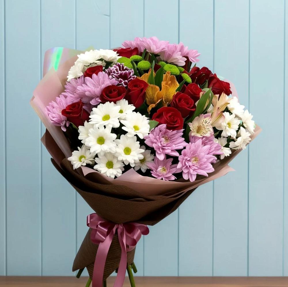Букет цветов из: Розы, Хризантемы и Альстромерии в Подгорной Краснодарского края