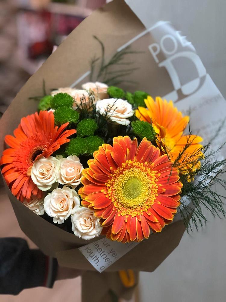 Букет цветов из: Герберы, Хризантемы и Розы в Подгорной Краснодарского края
