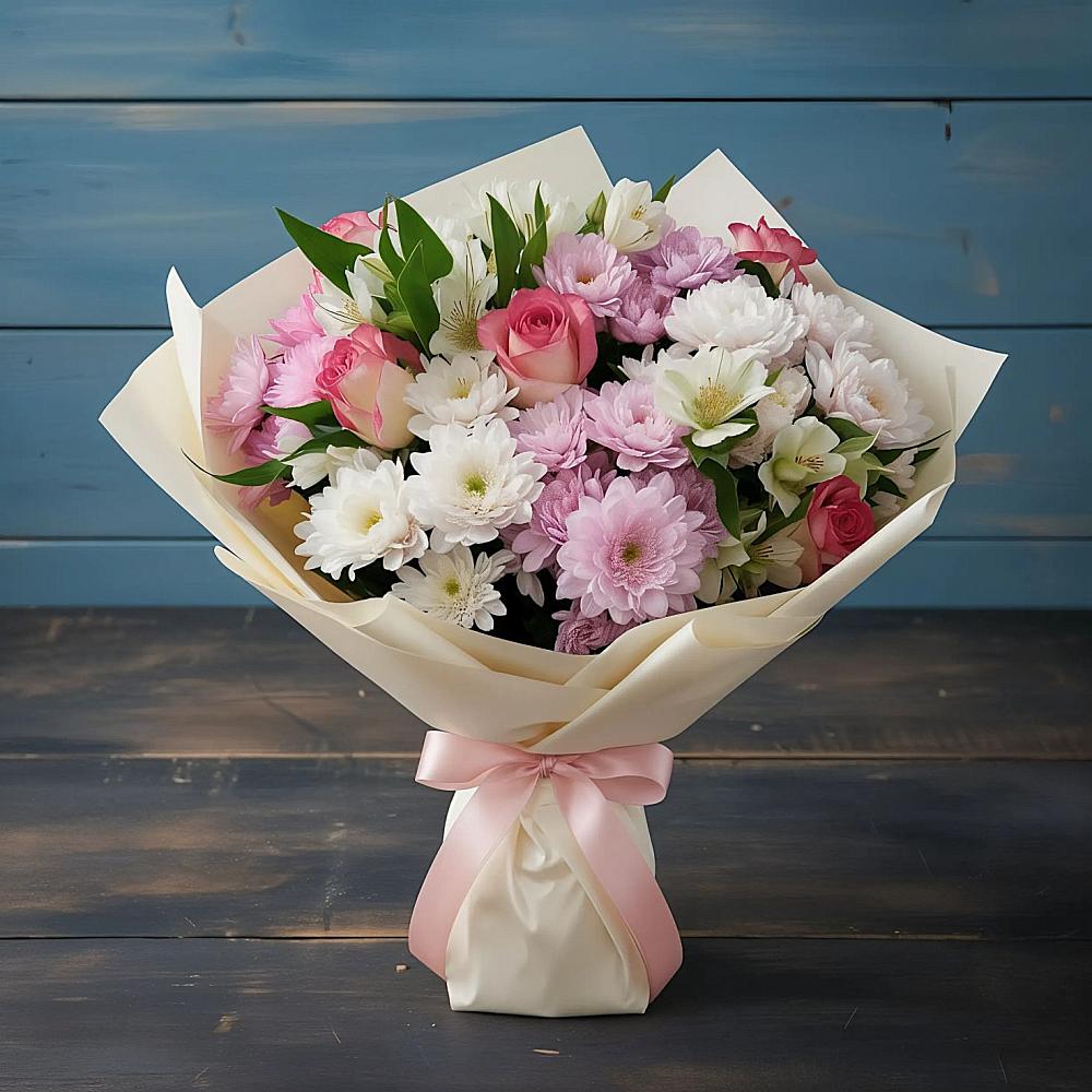 Букет цветов из: Хризантемы, Альстромерии и Розы в Подгорной Краснодарского края